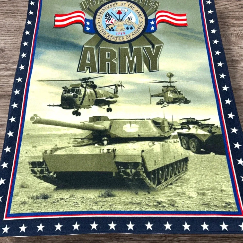 US Army Fleece Throw Blanket Double Sided Military Seal‎ Tank Helicopter 46x58